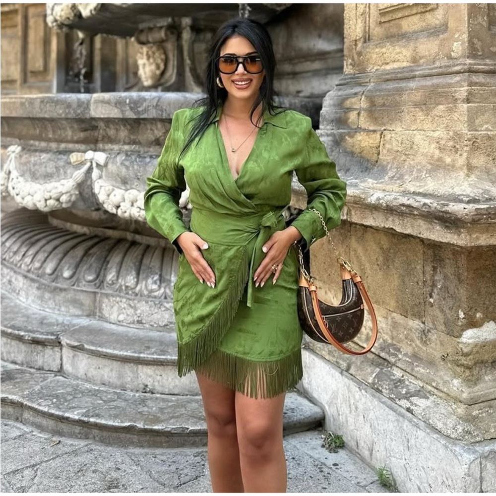 ZARA fringed Jacquard wrap dress green 2157/035 - Picture 6 of 16